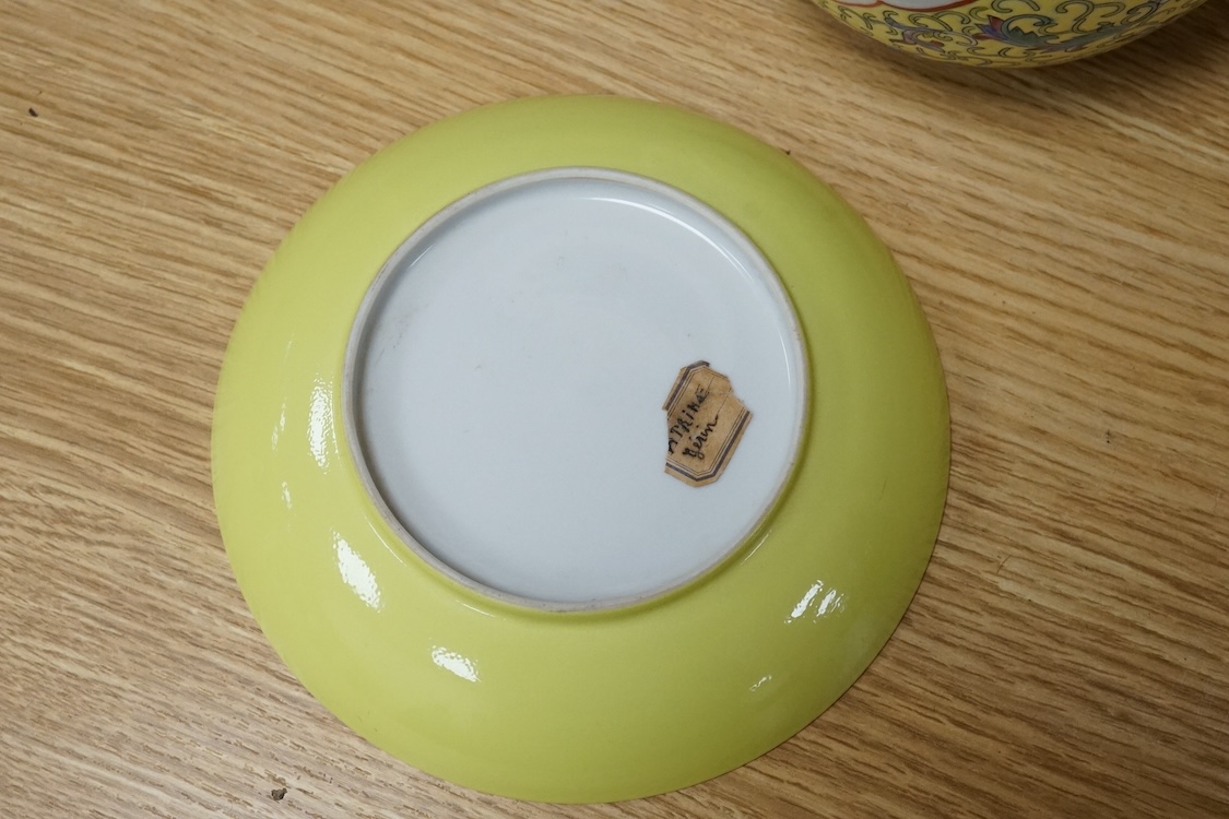A Chinese yellow ground ginger jar and an enamelled saucer dish, largest 16cm high
